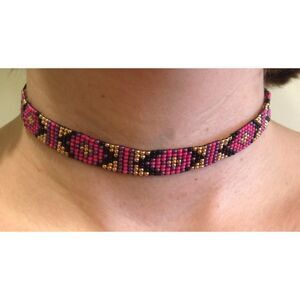 Loom Beaded Choker Necklace Black, Pink, Purple, Rose Gold